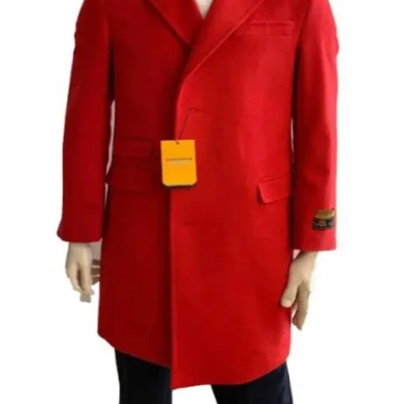 Mens Overcoat Wool Three Quarter Car coat Red